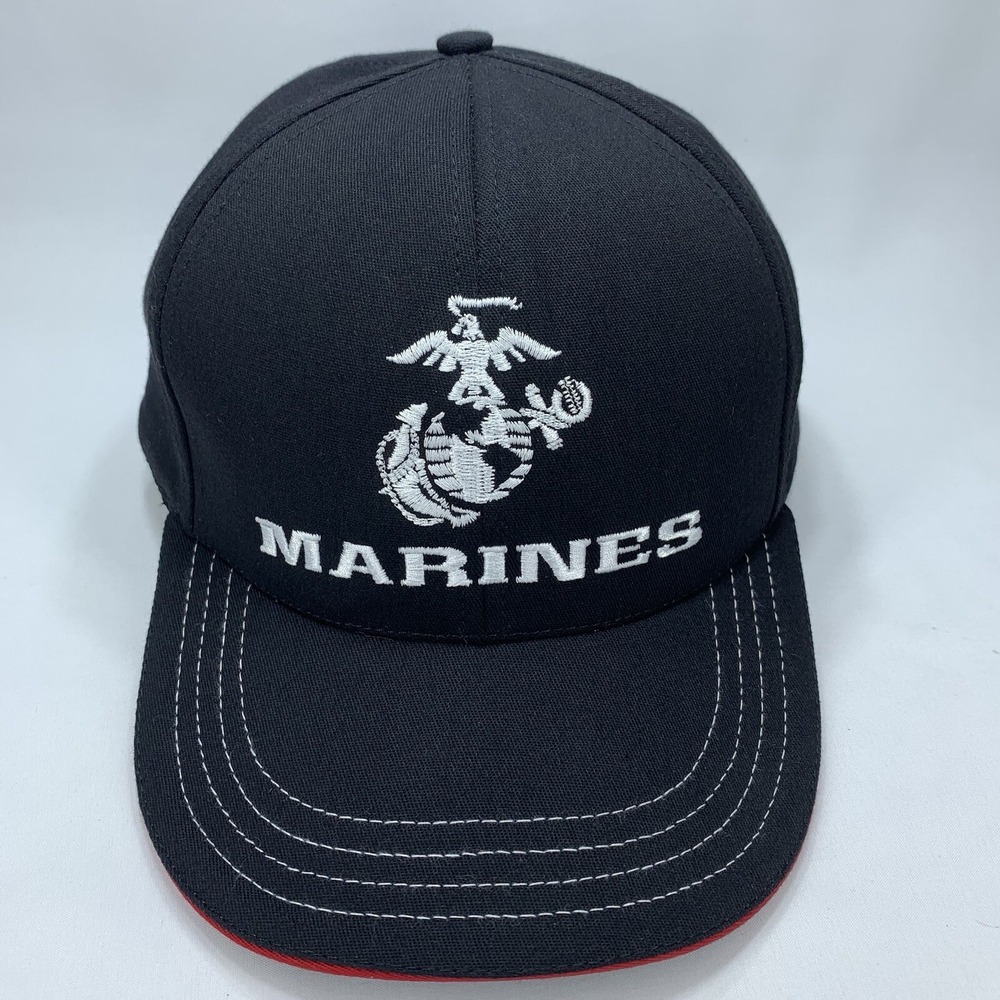 Marines Black Hat Red Trim Adjustable Snapback OSFM Baseball Cap Unionwear